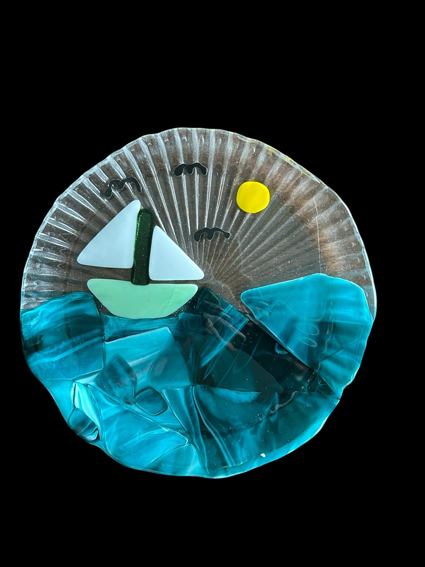 Handmade 8" Textured Fused Glass Side Plate with Nautical Scene