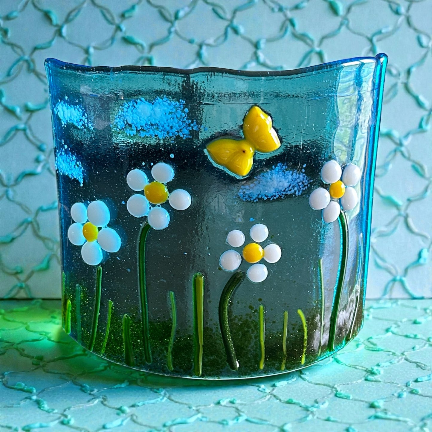 Handmade Fused Glass Candle Shield with Daisies and Butterfly