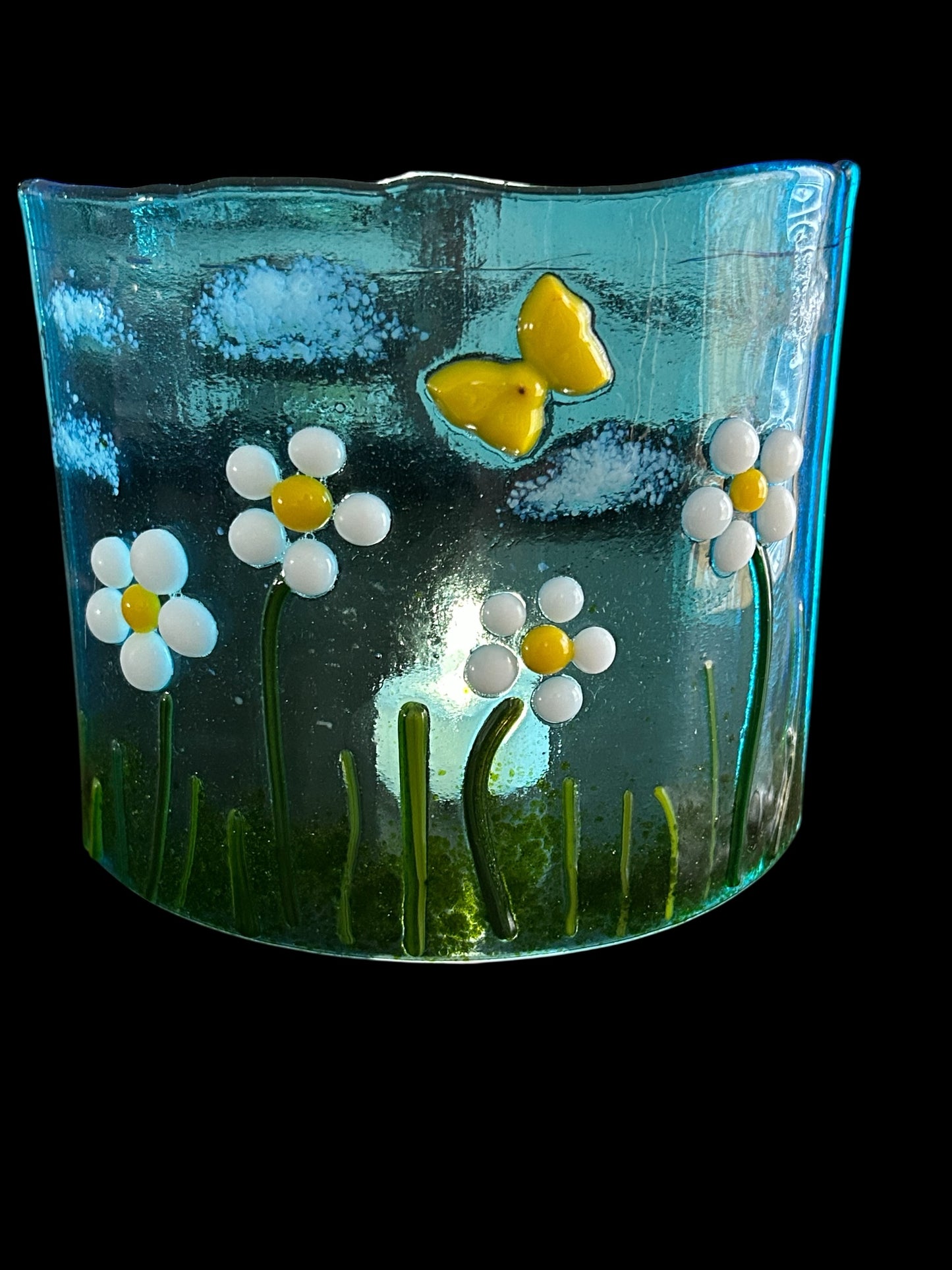 Handmade Fused Glass Candle Shield with Daisies and Butterfly