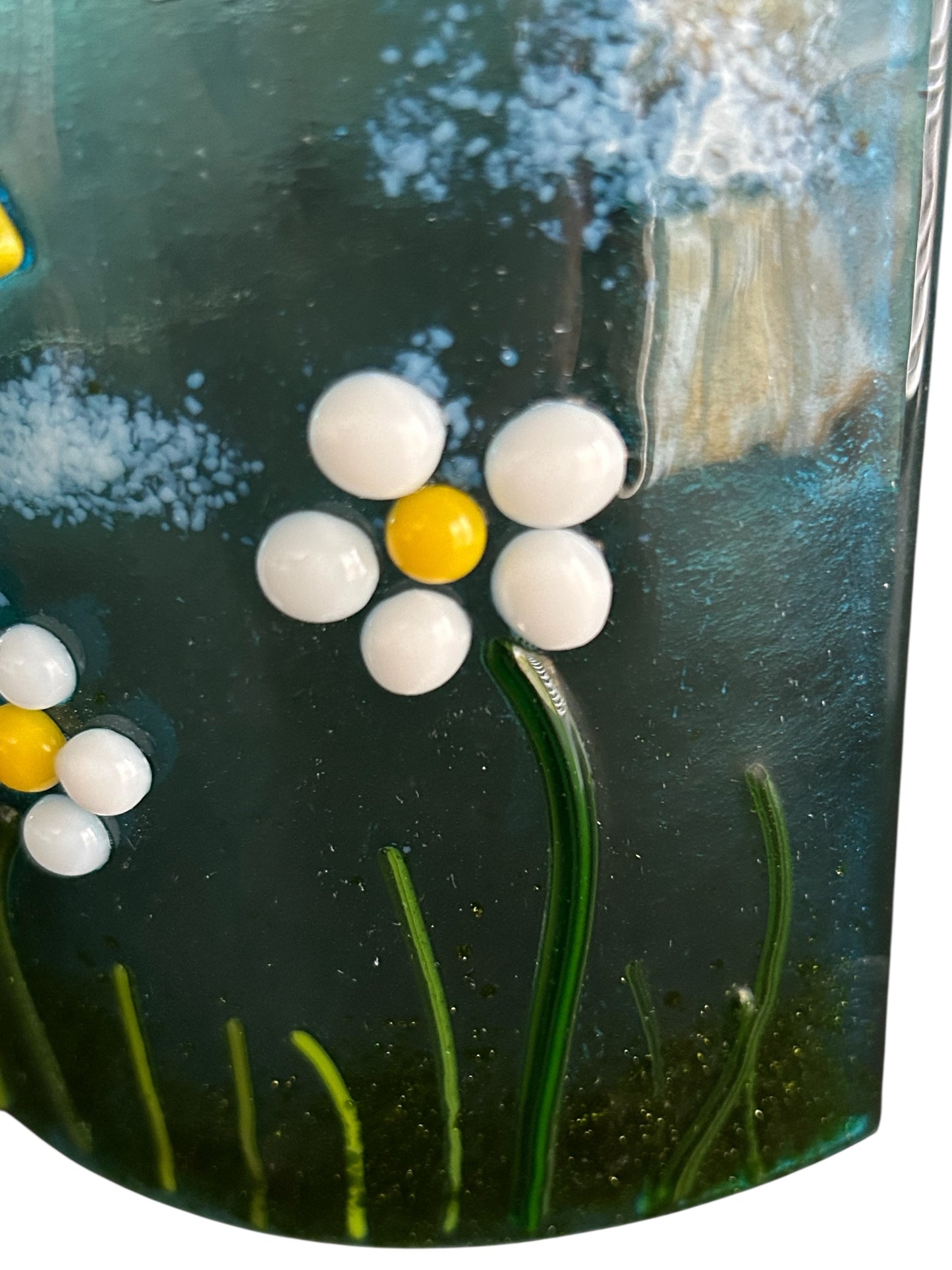 Handmade Fused Glass Candle Shield with Daisies and Butterfly