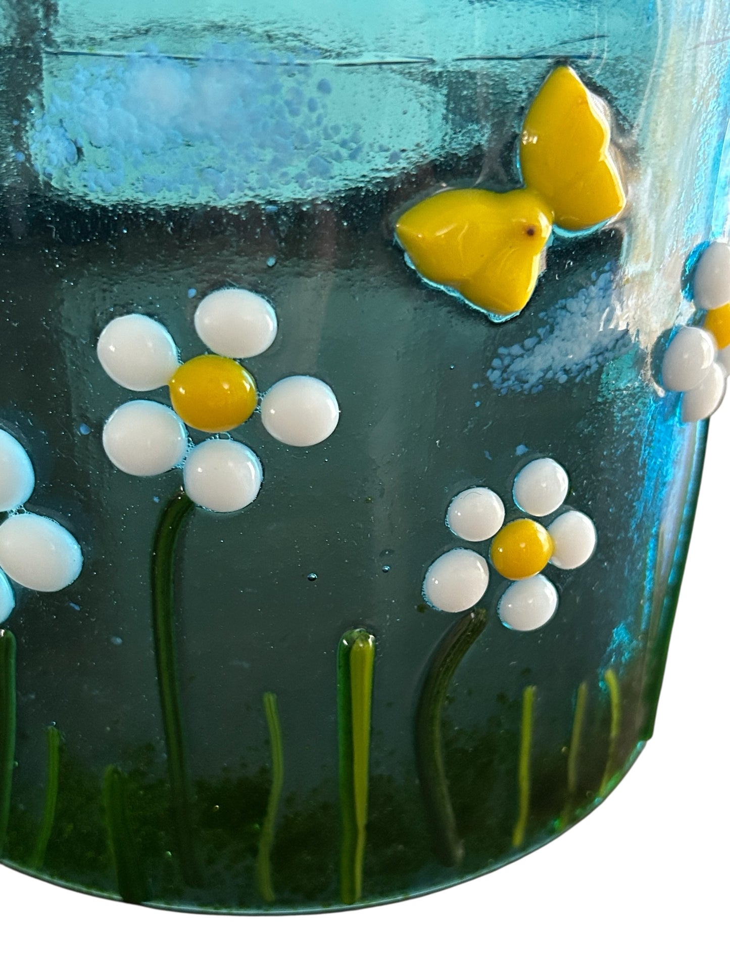 Handmade Fused Glass Candle Shield with Daisies and Butterfly