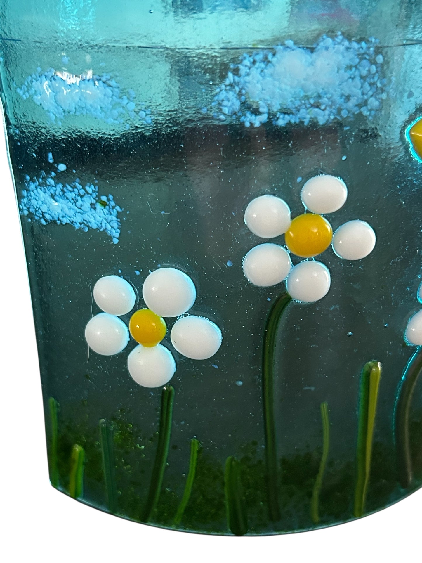 Handmade Fused Glass Candle Shield with Daisies and Butterfly