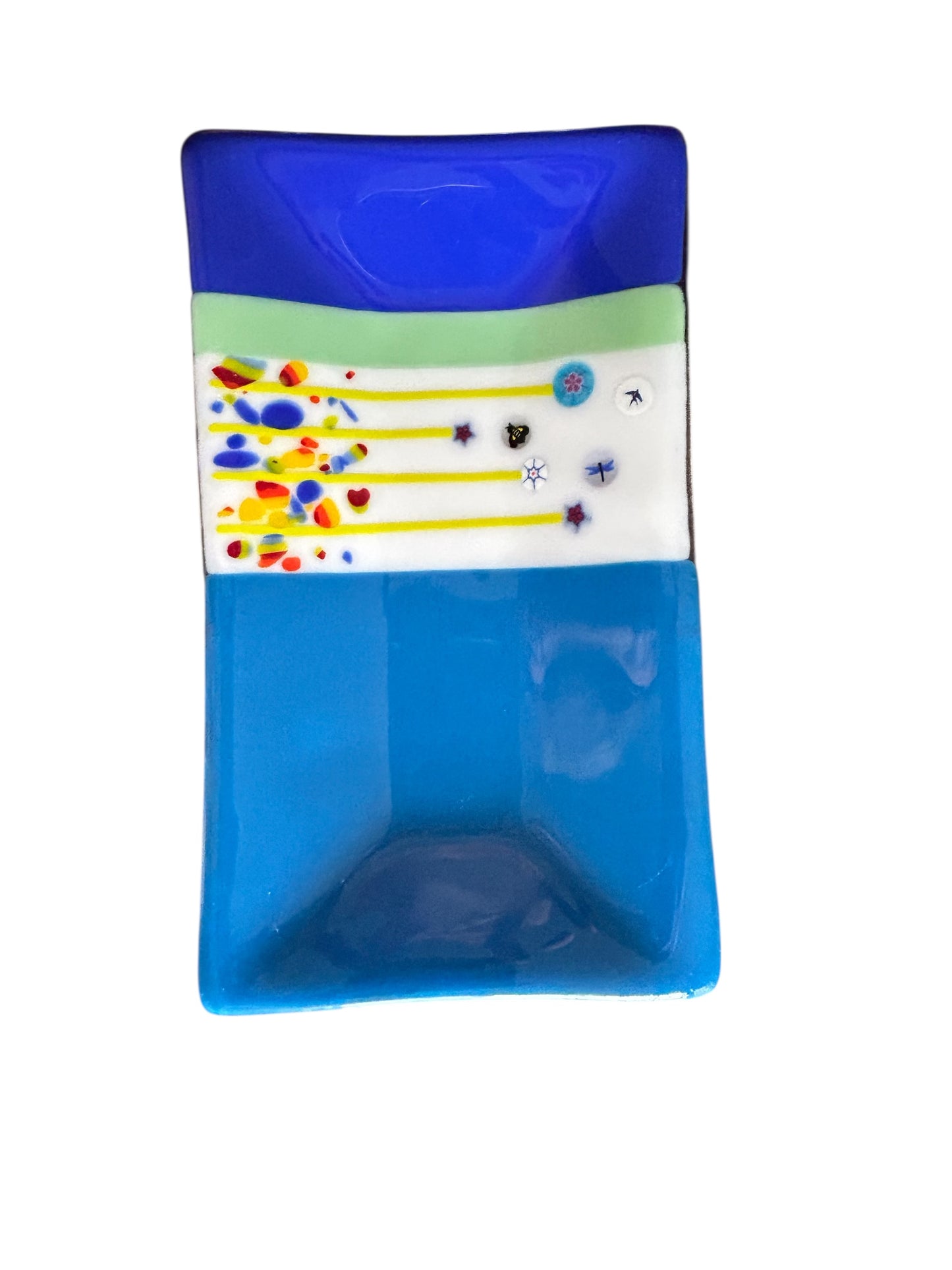 Homemade Rectangular Fused Glass Tray with Fantasy Flowers