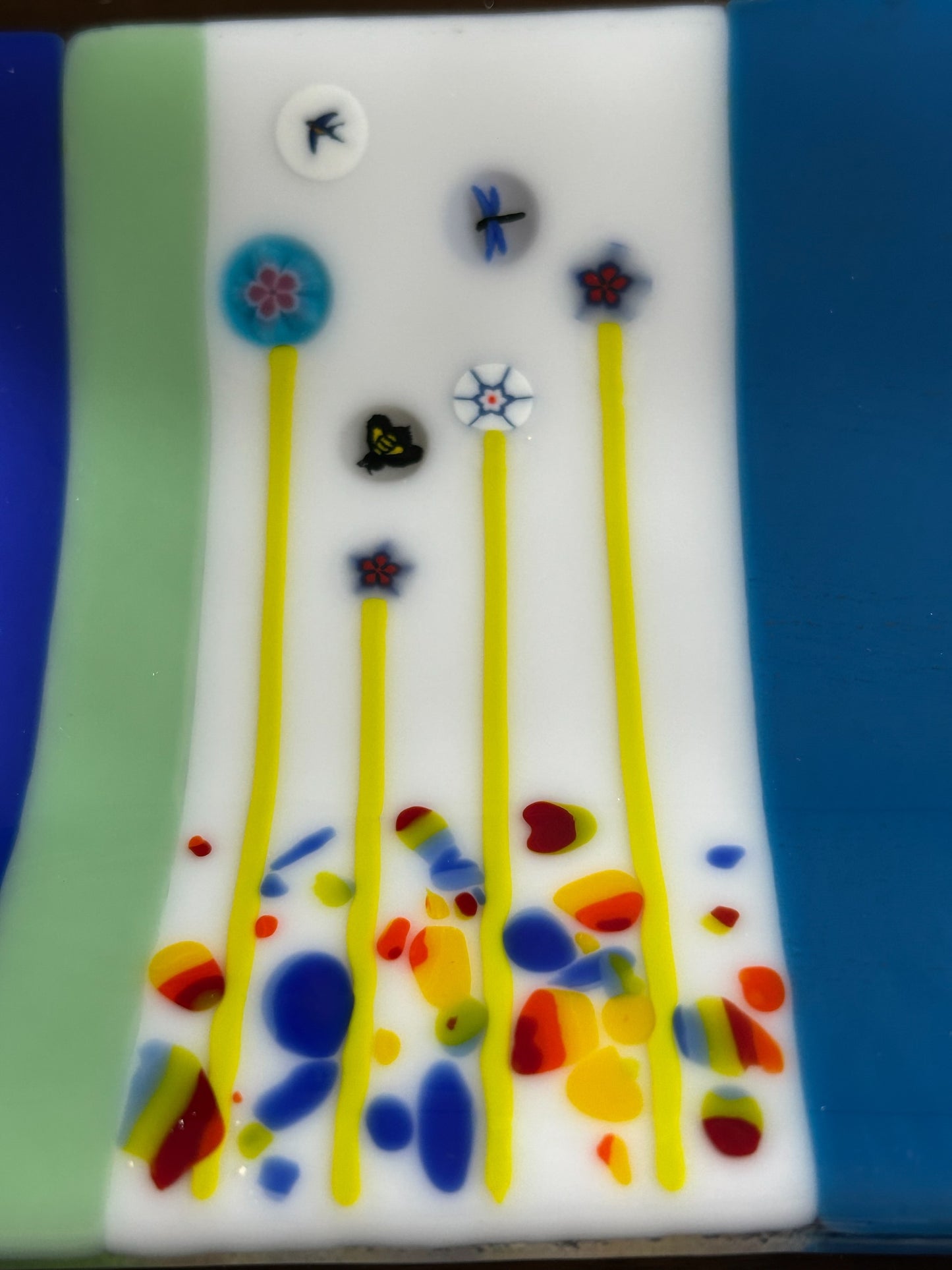 Homemade Rectangular Fused Glass Tray with Fantasy Flowers
