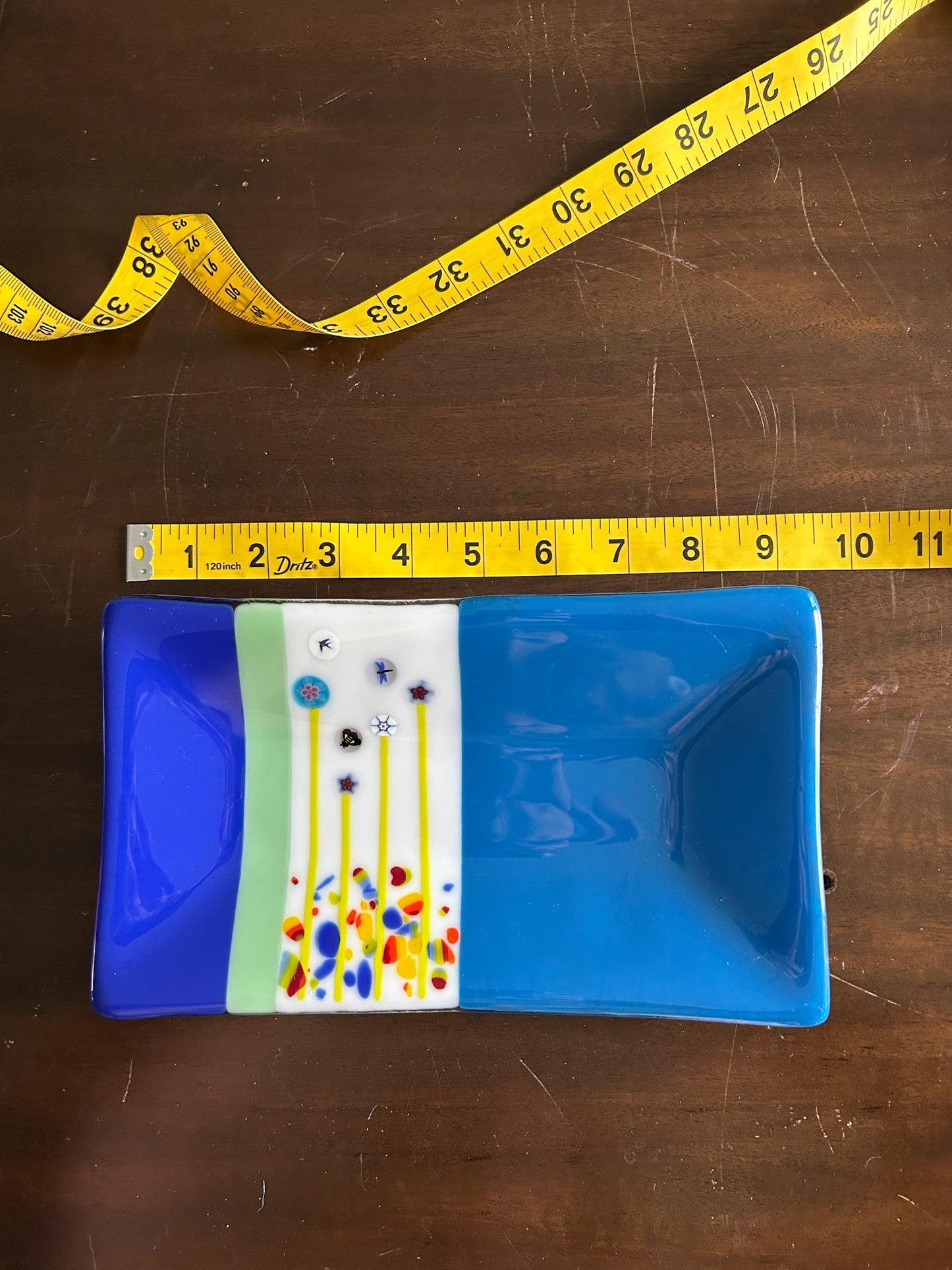 Homemade Rectangular Fused Glass Tray with Fantasy Flowers