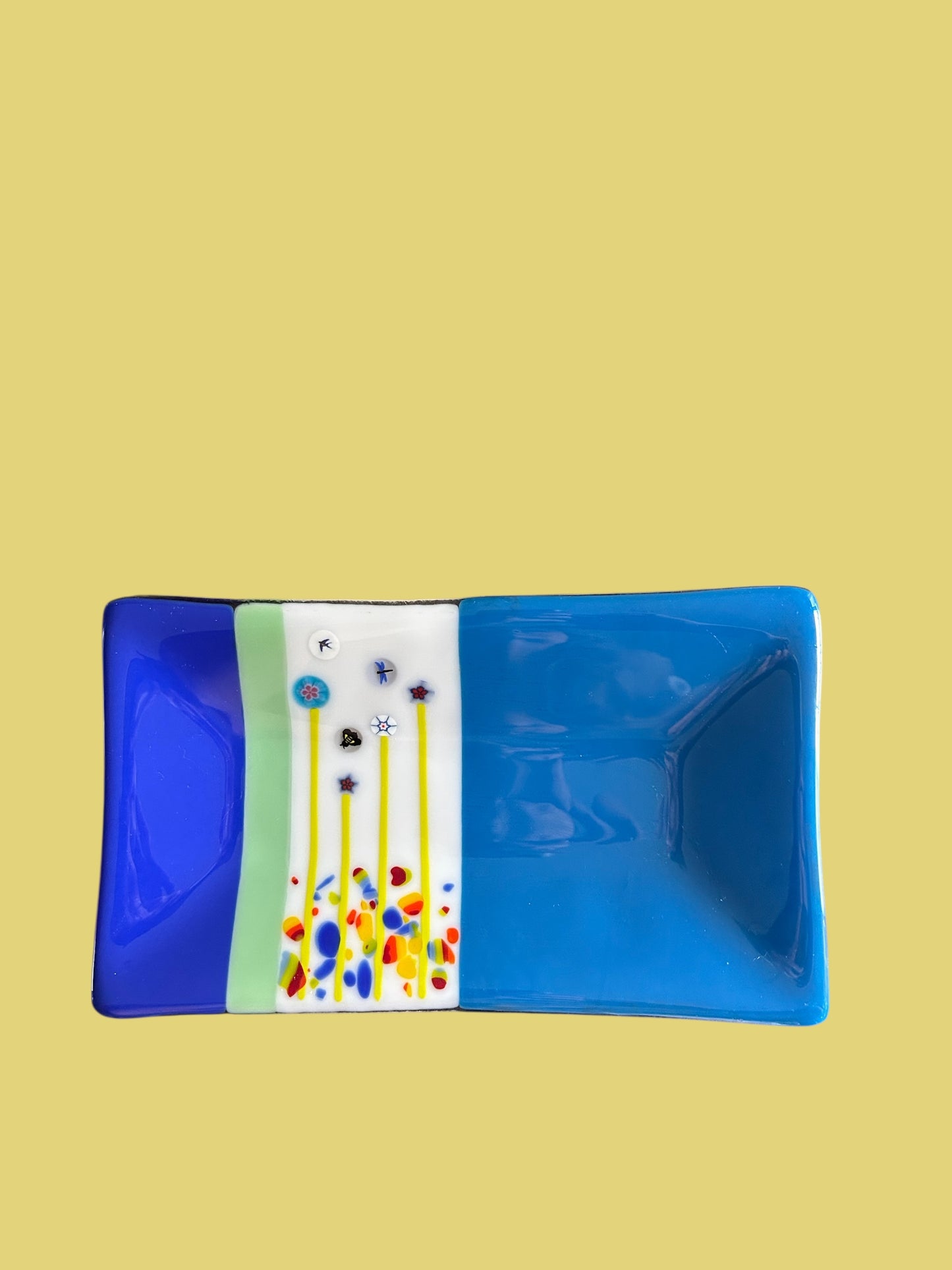 Homemade Rectangular Fused Glass Tray with Fantasy Flowers
