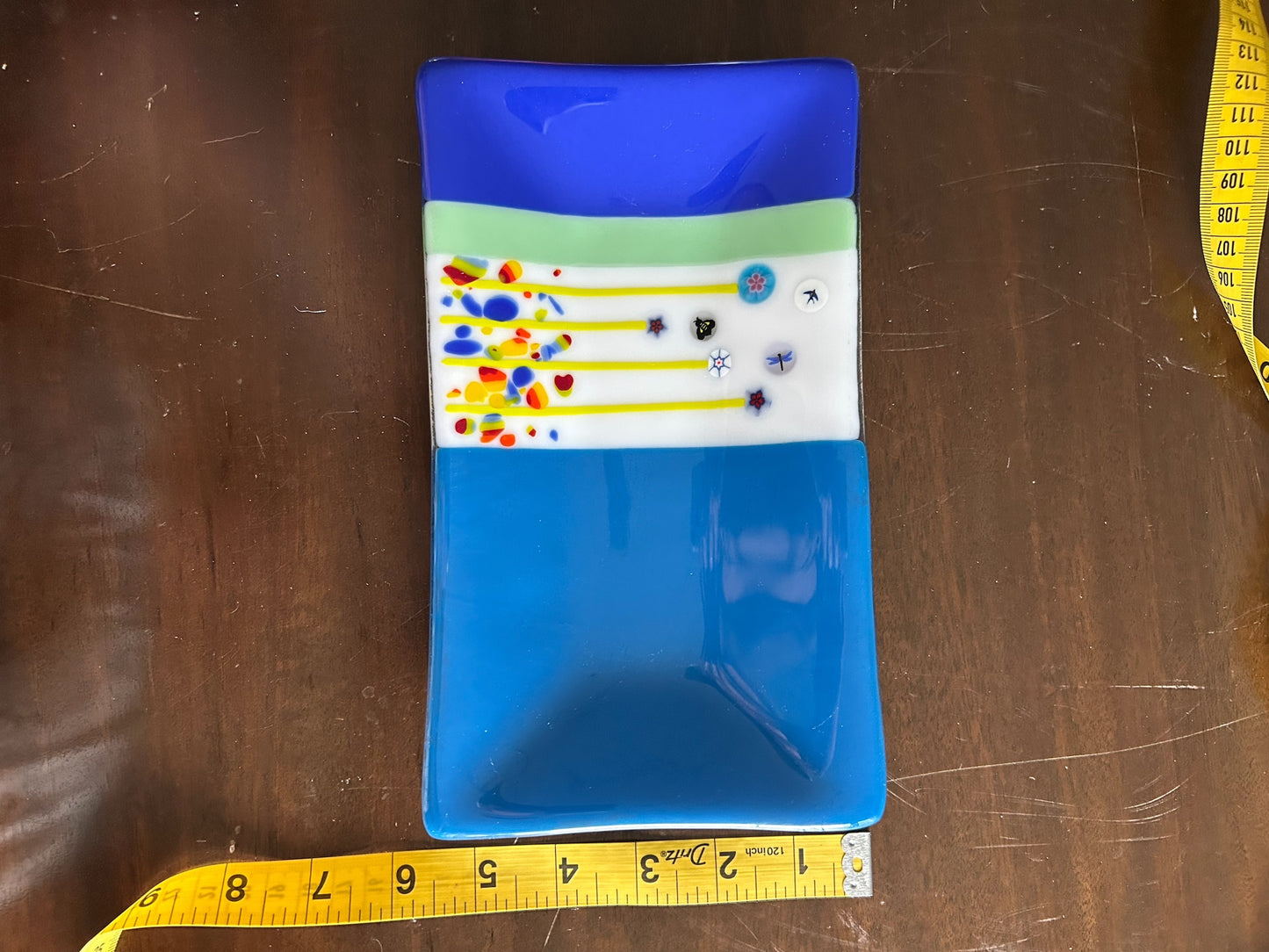 Homemade Rectangular Fused Glass Tray with Fantasy Flowers