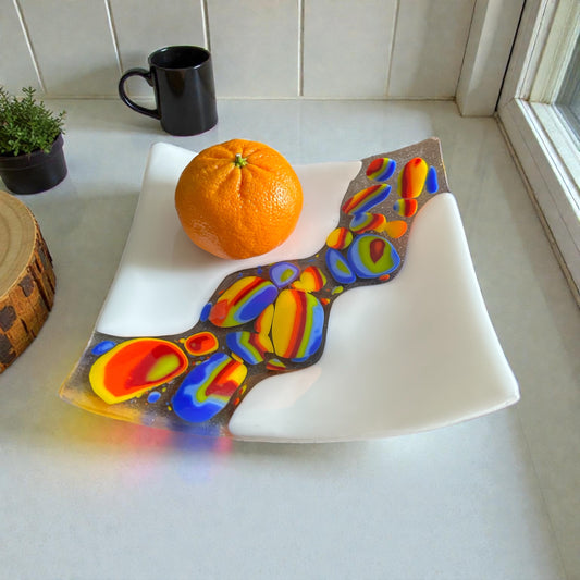 Homemade Fused Glass Sushi Plate with Rainbow Cabochons