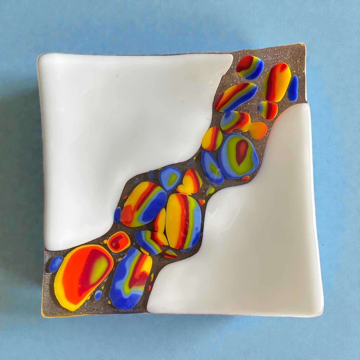 Homemade Fused Glass Sushi Plate with Rainbow Cabochons