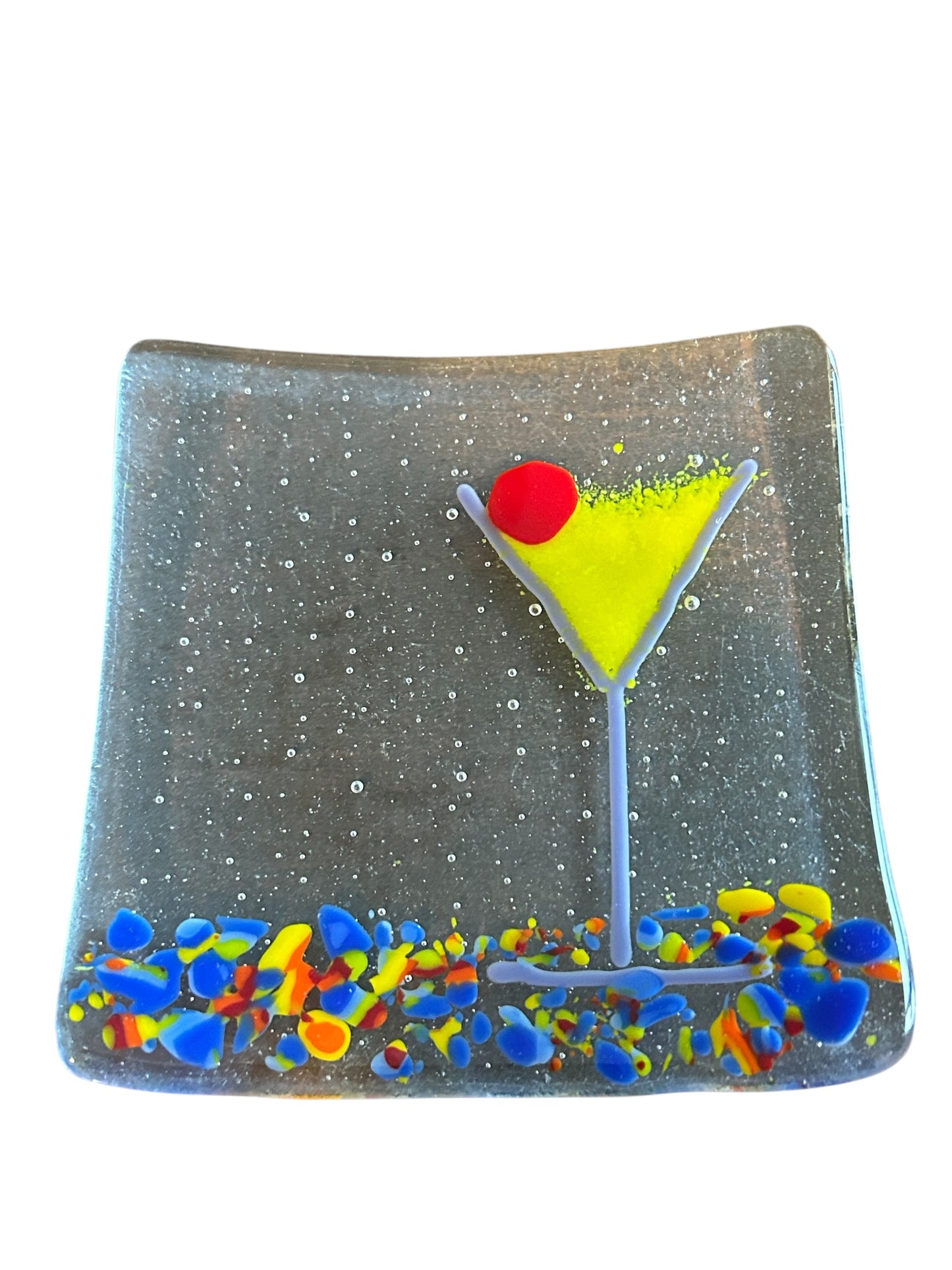 Small Handmade Fused Glass Cocktail or Appetizer Plate with Festive Martini Design