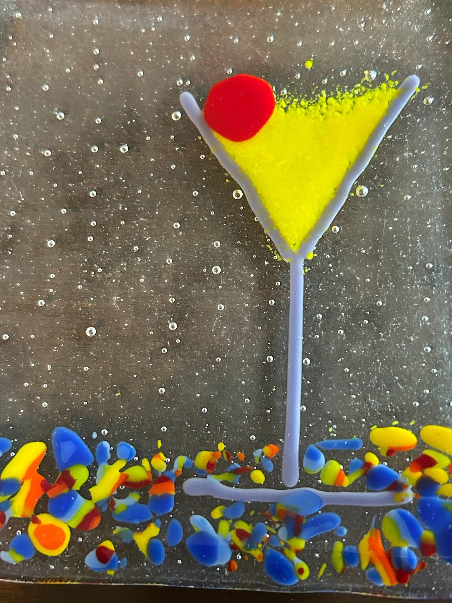 Small Handmade Fused Glass Cocktail or Appetizer Plate with Festive Martini Design