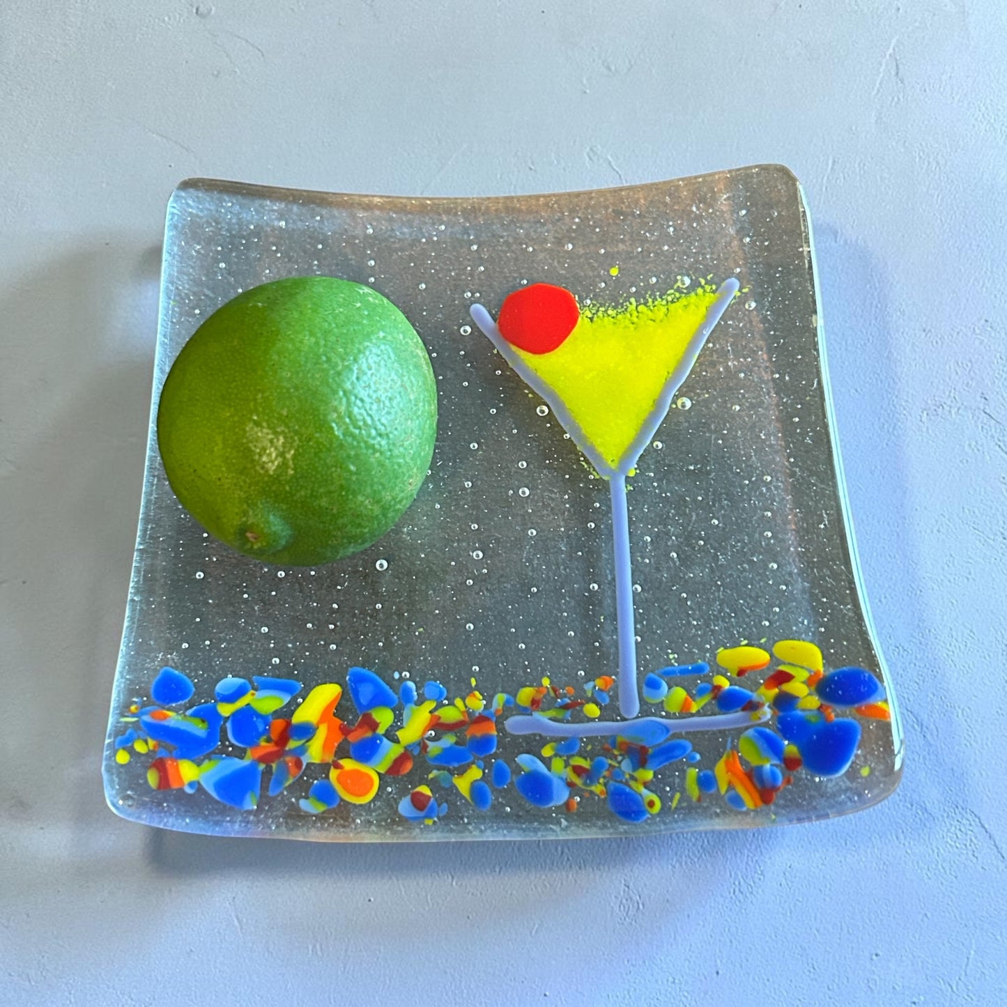Small Handmade Fused Glass Cocktail or Appetizer Plate with Festive Martini Design