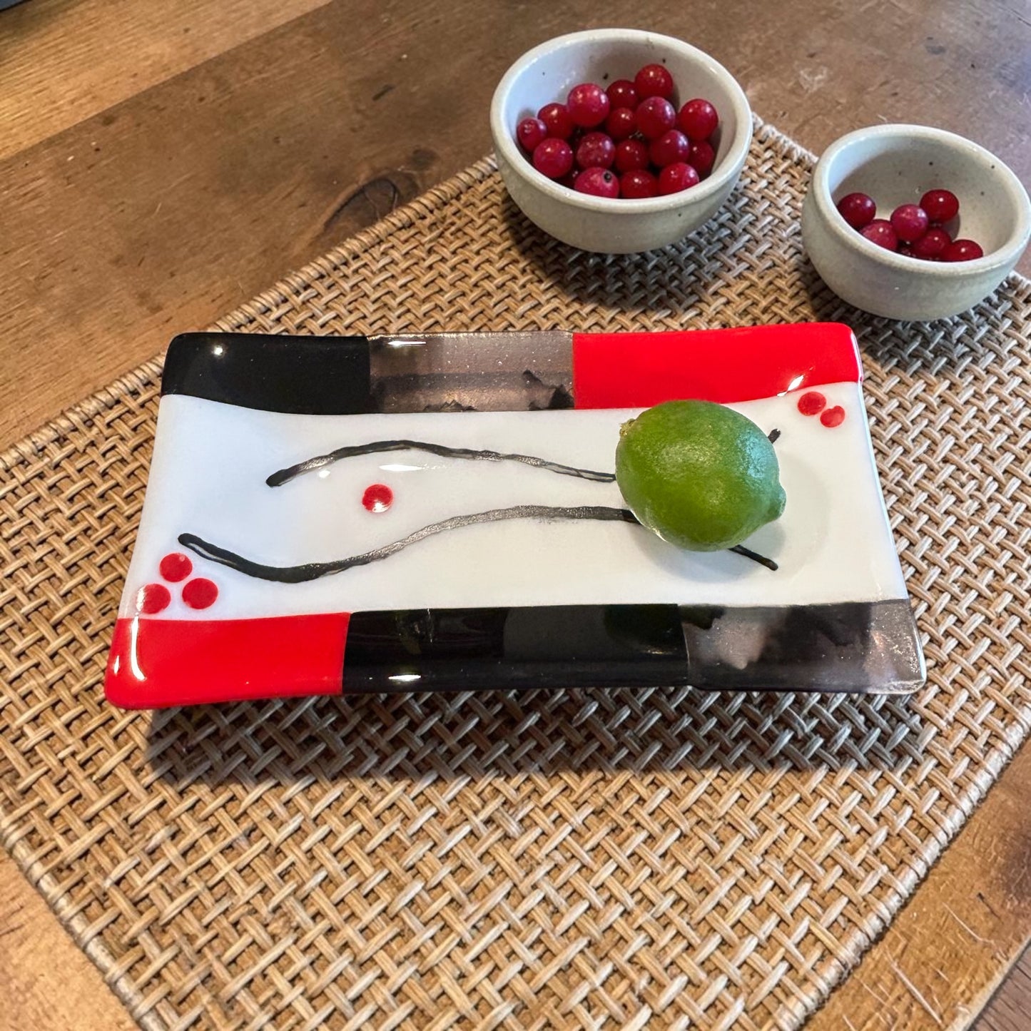 Handmade Fused Glass Appetizer Tray in Red, White, and Black
