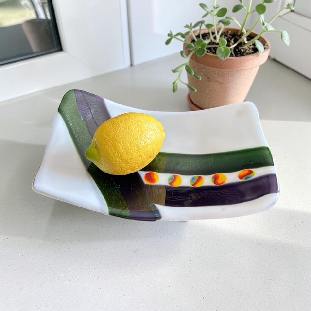 Handmade Fused Glass Scoop Bowl with Diagonal Design