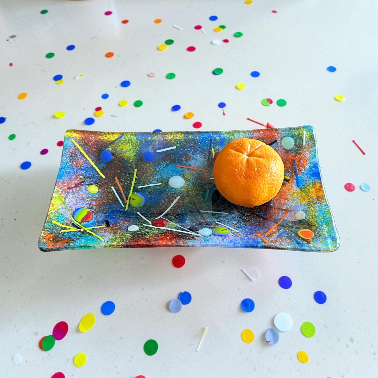 Handmade Fused Glass Tray with Cosmos Design