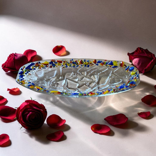 Homemade Oval Fused Glass Crackle Tray with Rainbow Speckled Rim