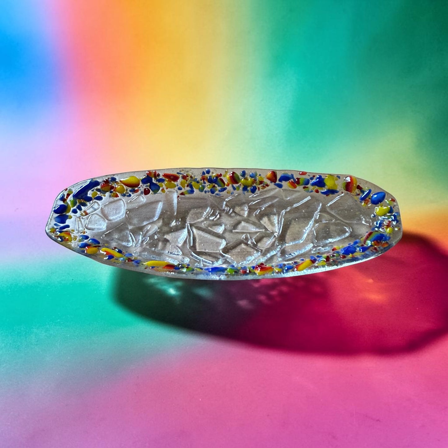 Homemade Oval Fused Glass Crackle Tray with Rainbow Speckled Rim