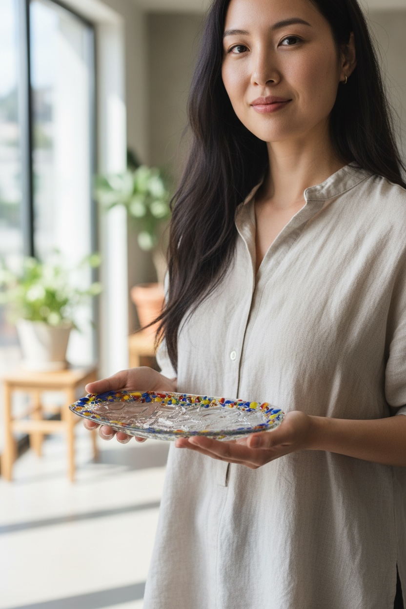 Homemade Oval Fused Glass Crackle Tray with Rainbow Speckled Rim