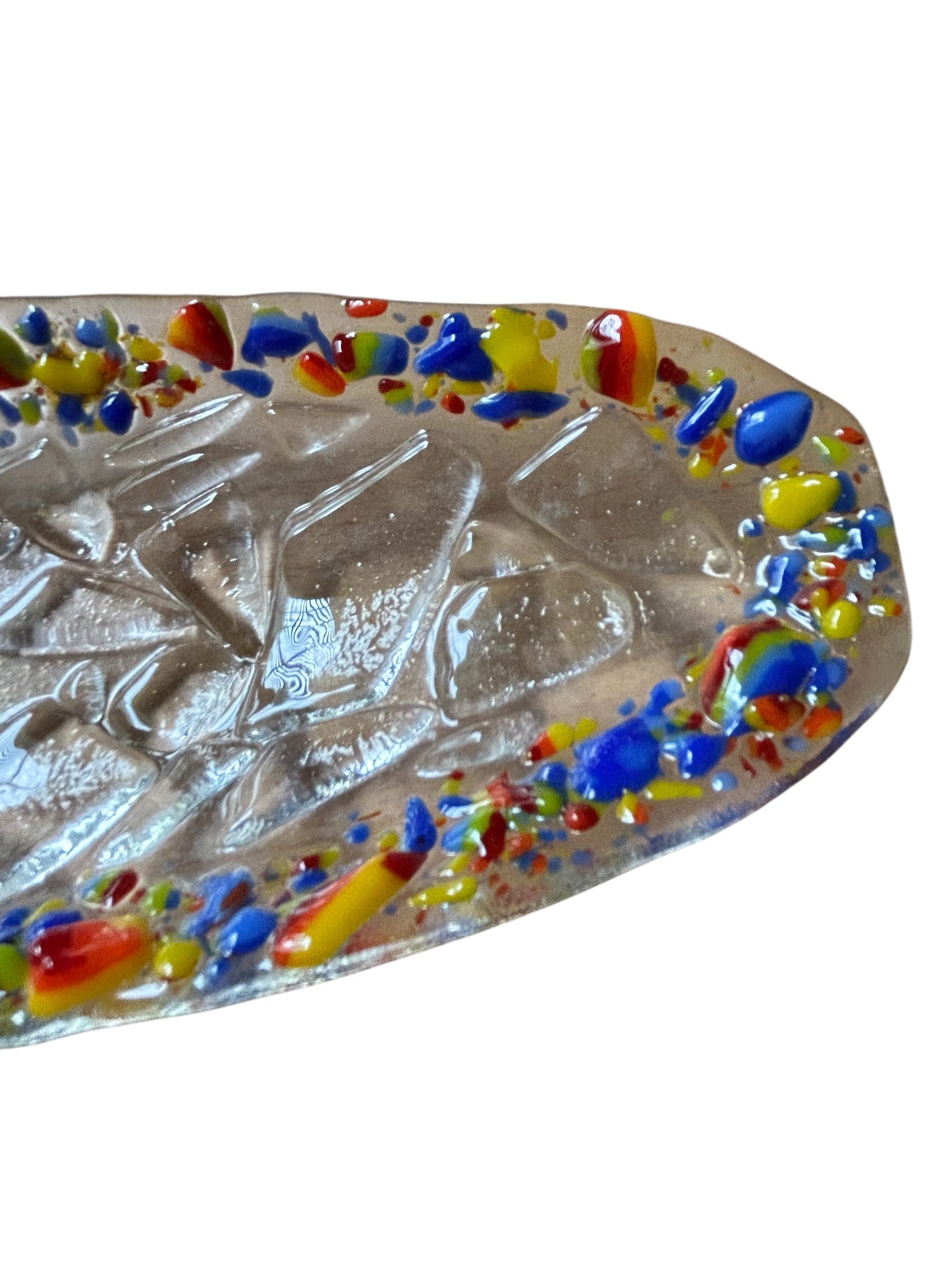 Homemade Oval Fused Glass Crackle Tray with Rainbow Speckled Rim