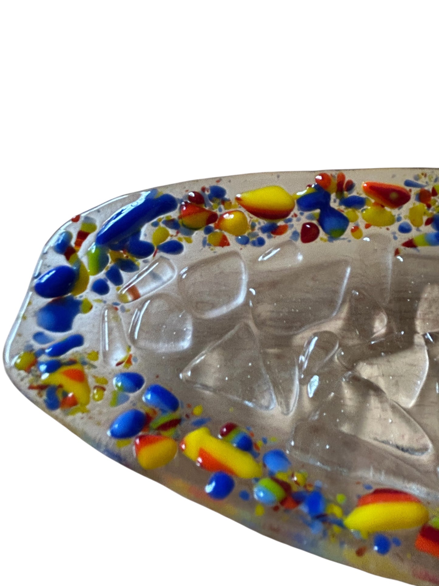 Homemade Oval Fused Glass Crackle Tray with Rainbow Speckled Rim