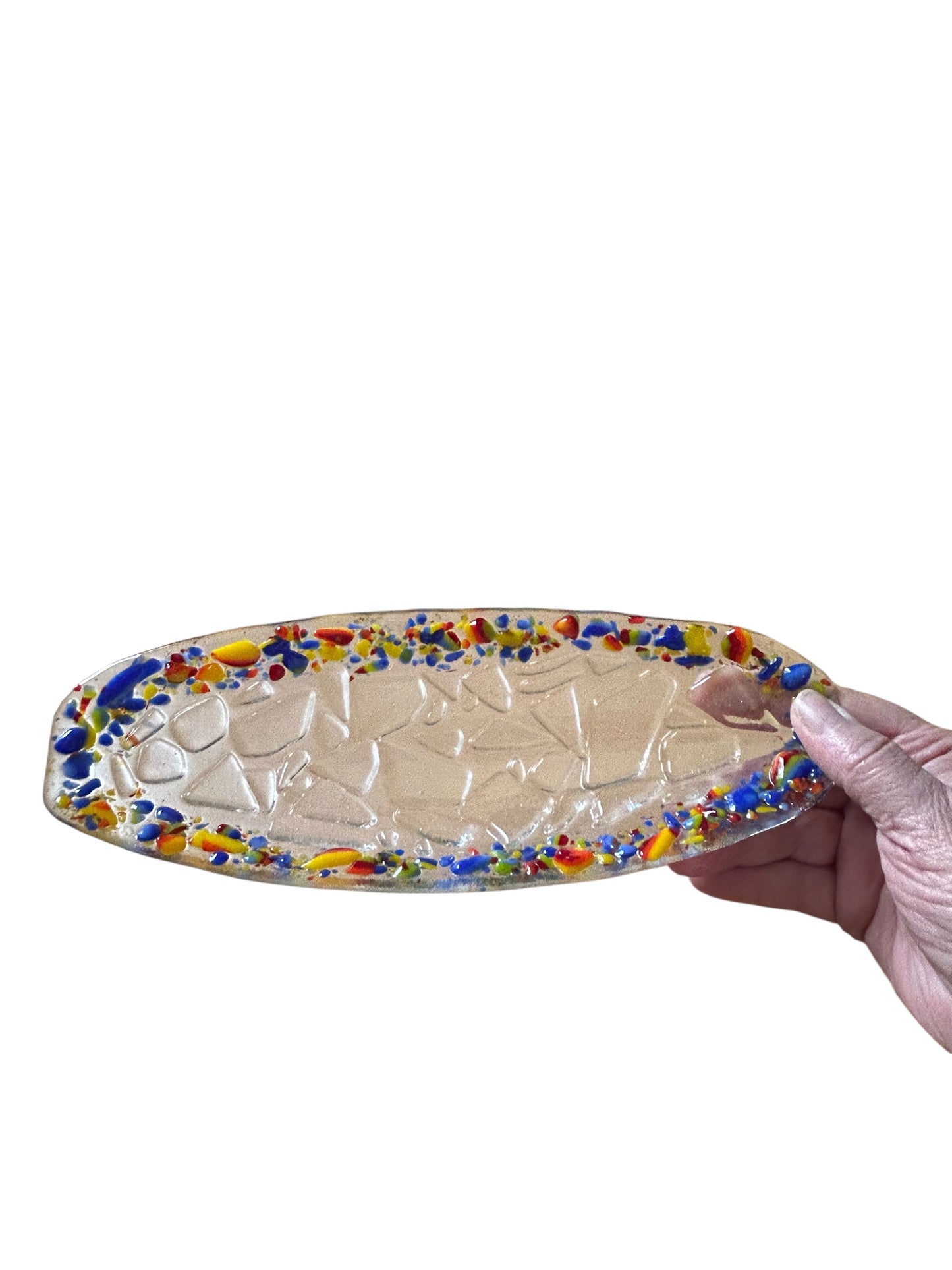 Homemade Oval Fused Glass Crackle Tray with Rainbow Speckled Rim