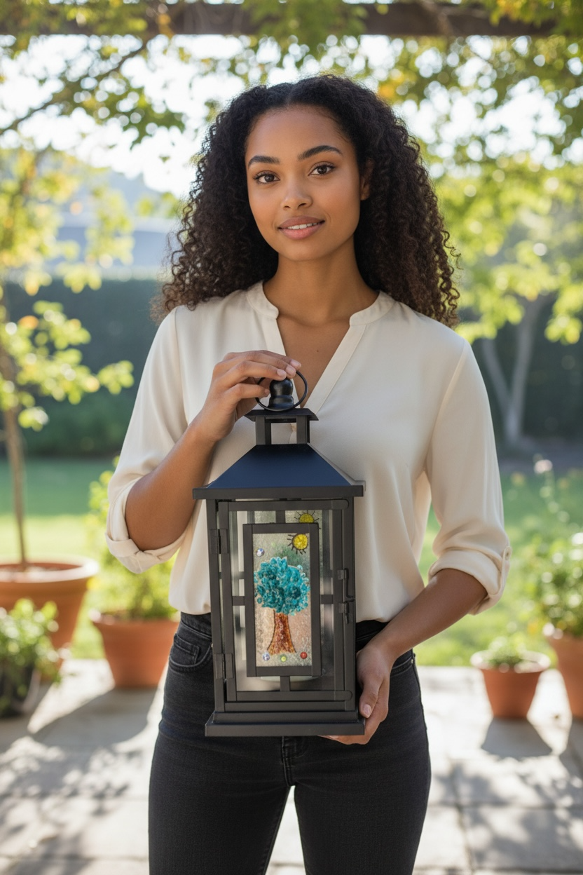 Homemade Battery-Powered Fused Glass Candle Lantern with Seasonal Trees Designs