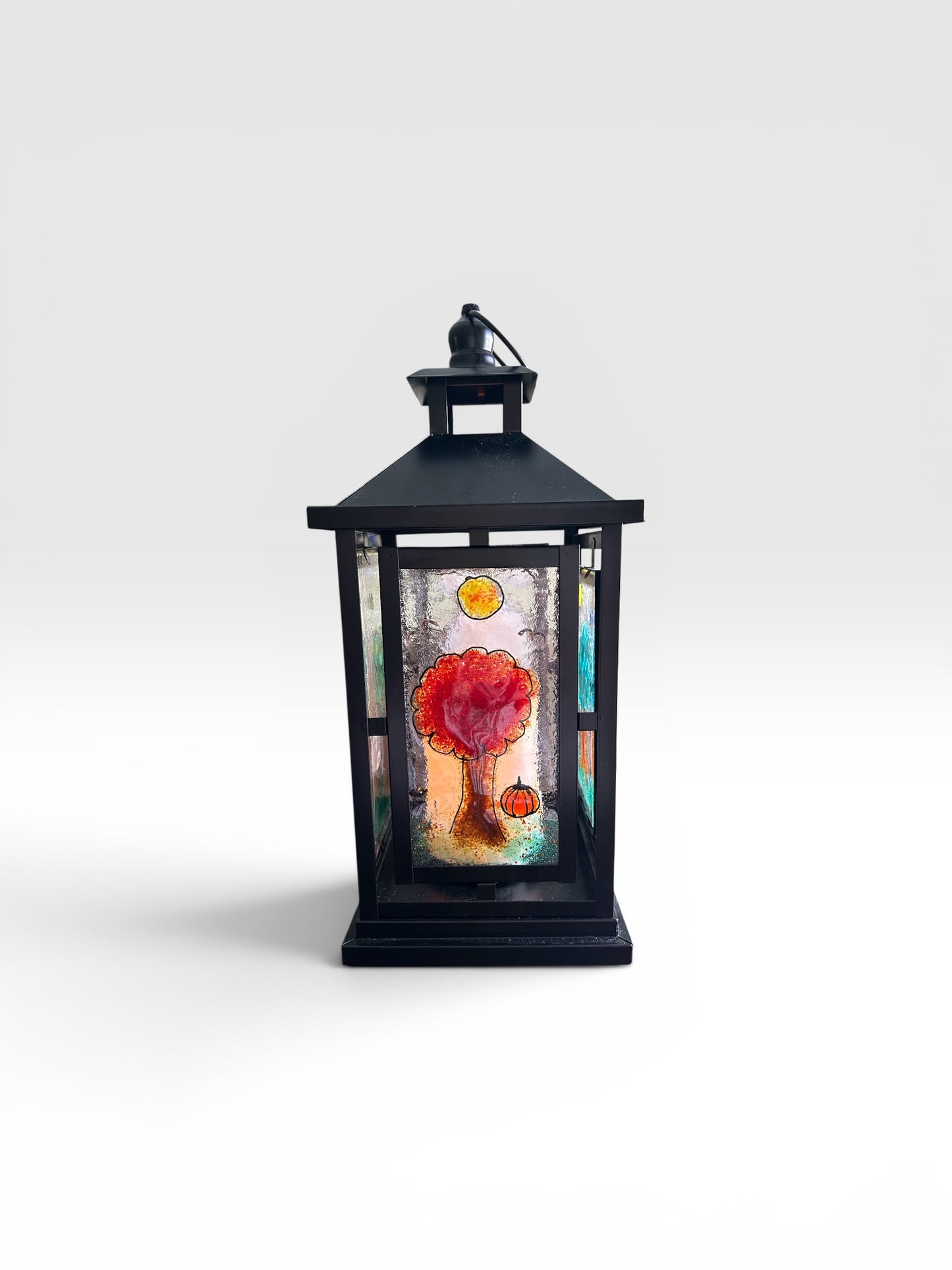 Homemade Battery-Powered Fused Glass Candle Lantern with Seasonal Trees Designs