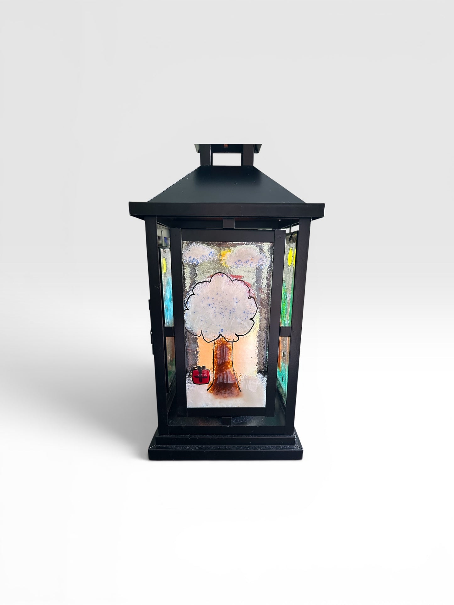 Homemade Battery-Powered Fused Glass Candle Lantern with Seasonal Trees Designs