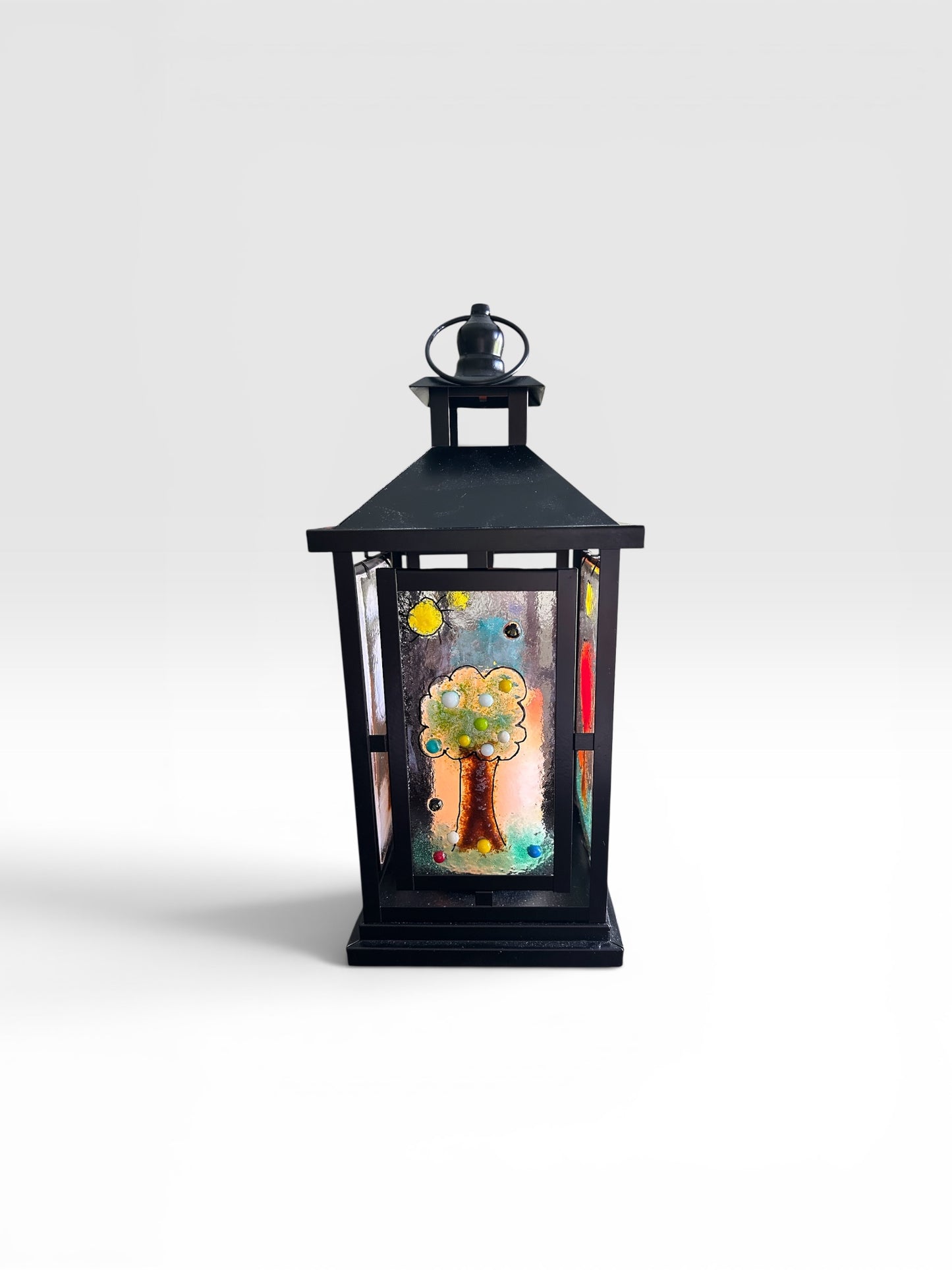 Homemade Battery-Powered Fused Glass Candle Lantern with Seasonal Trees Designs