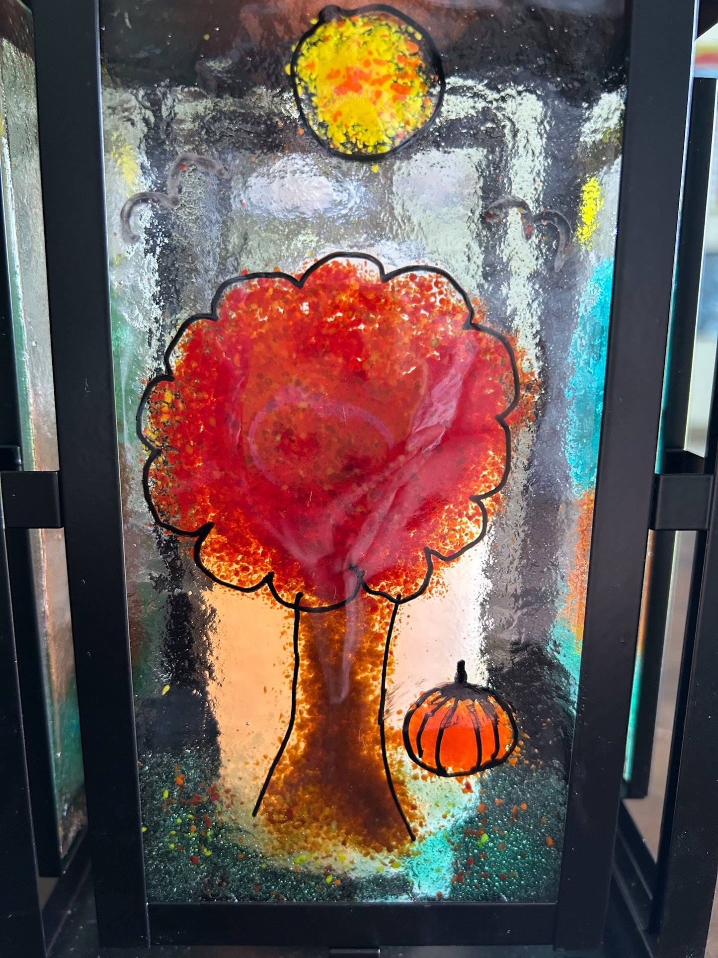 Homemade Battery-Powered Fused Glass Candle Lantern with Seasonal Trees Designs