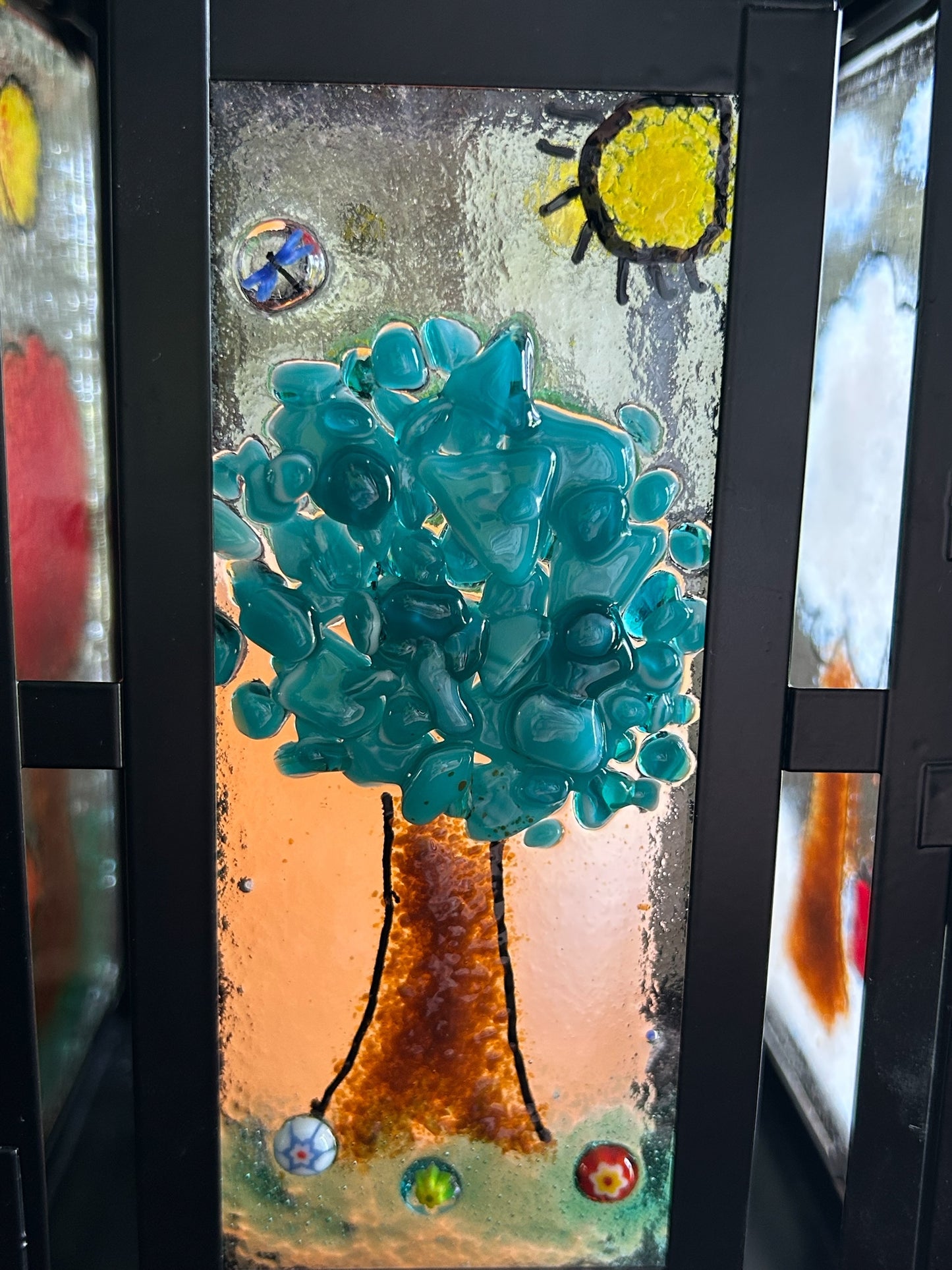 Homemade Battery-Powered Fused Glass Candle Lantern with Seasonal Trees Designs