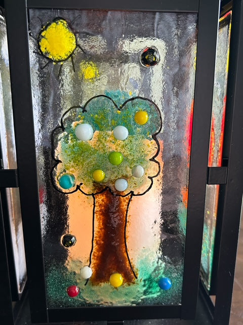 Homemade Battery-Powered Fused Glass Candle Lantern with Seasonal Trees Designs