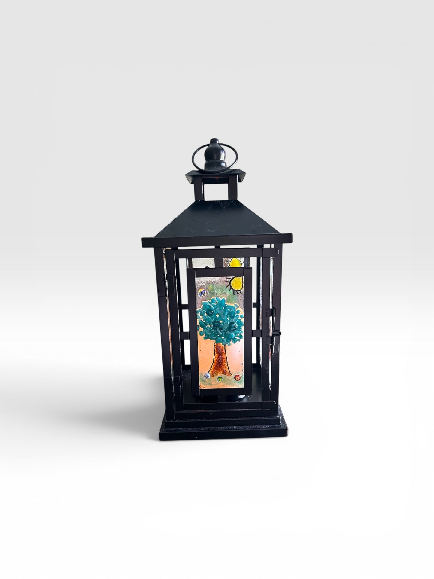 Homemade Battery-Powered Fused Glass Candle Lantern with Seasonal Trees Designs