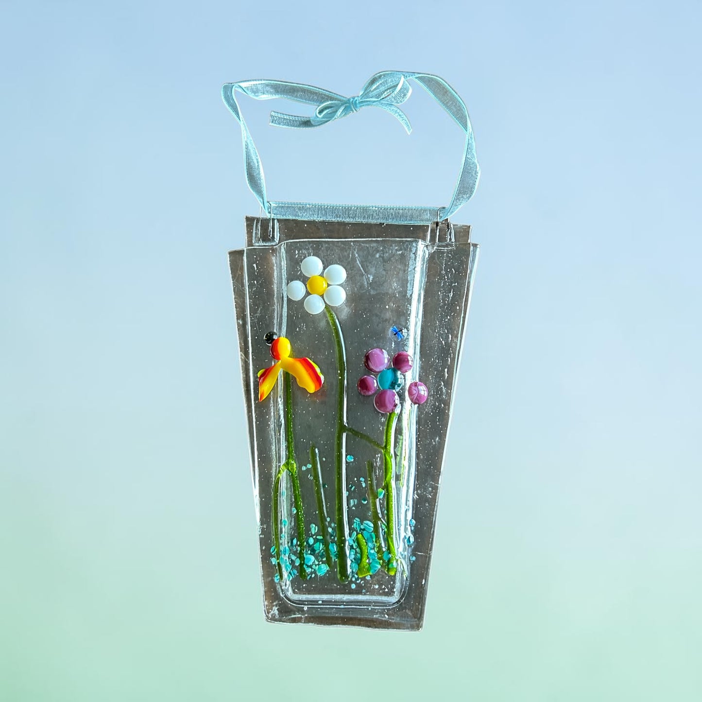 Homemade Fused Glass Pocket Vase with Fantasy Flowers Design