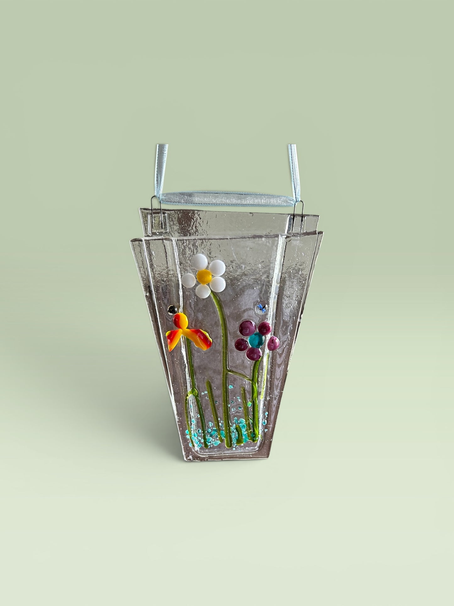Homemade Fused Glass Pocket Vase with Fantasy Flowers Design