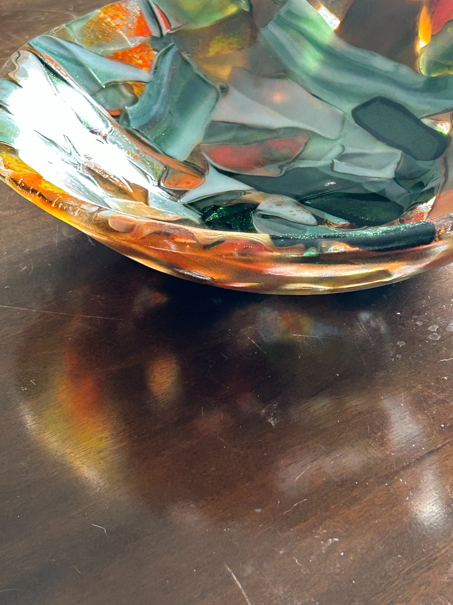 Homemade Fused Glass "Memory" Bowl in Orange, Cream, and Green