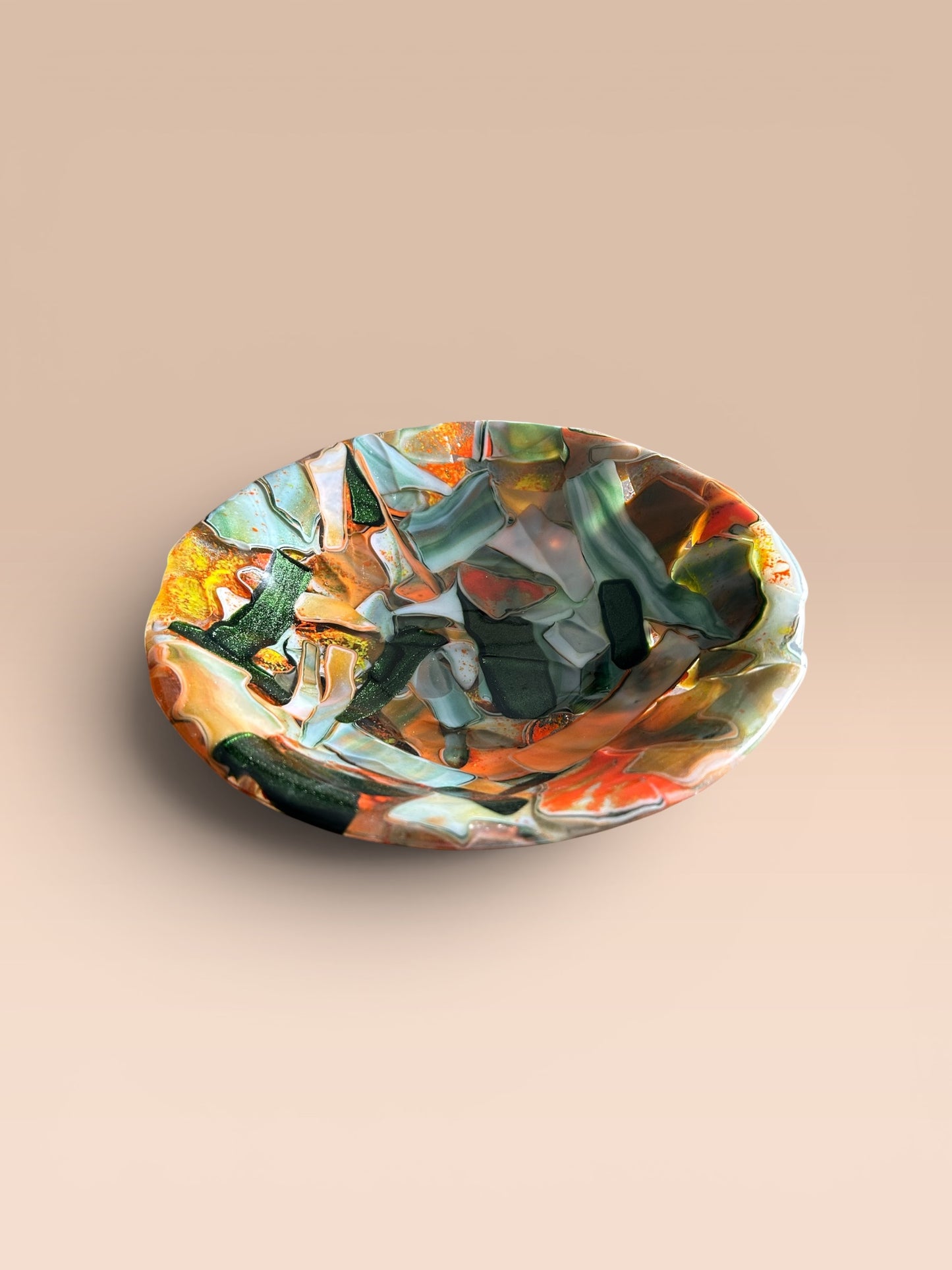 Homemade Fused Glass "Memory" Bowl in Orange, Cream, and Green