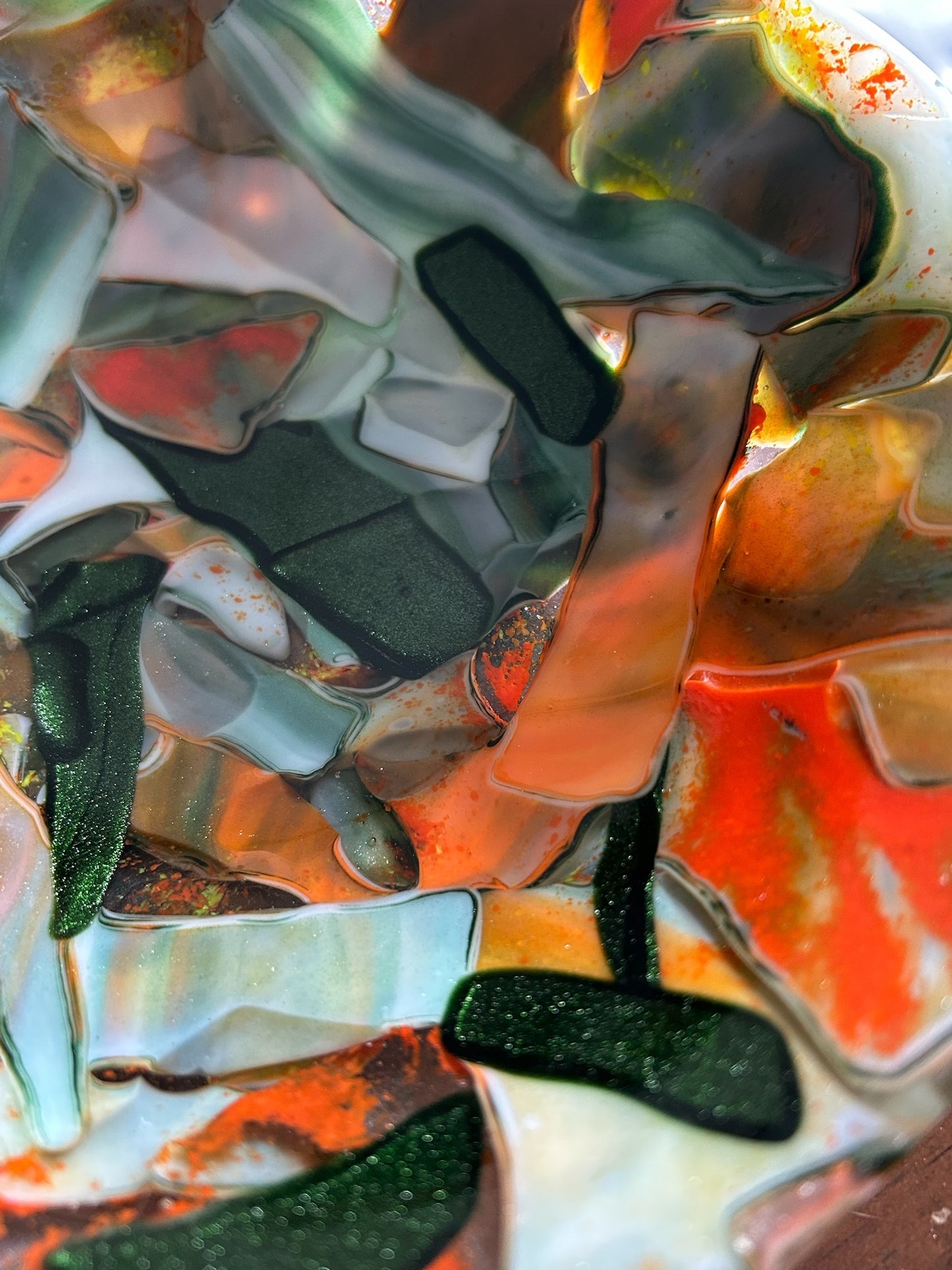 Homemade Fused Glass "Memory" Bowl in Orange, Cream, and Green