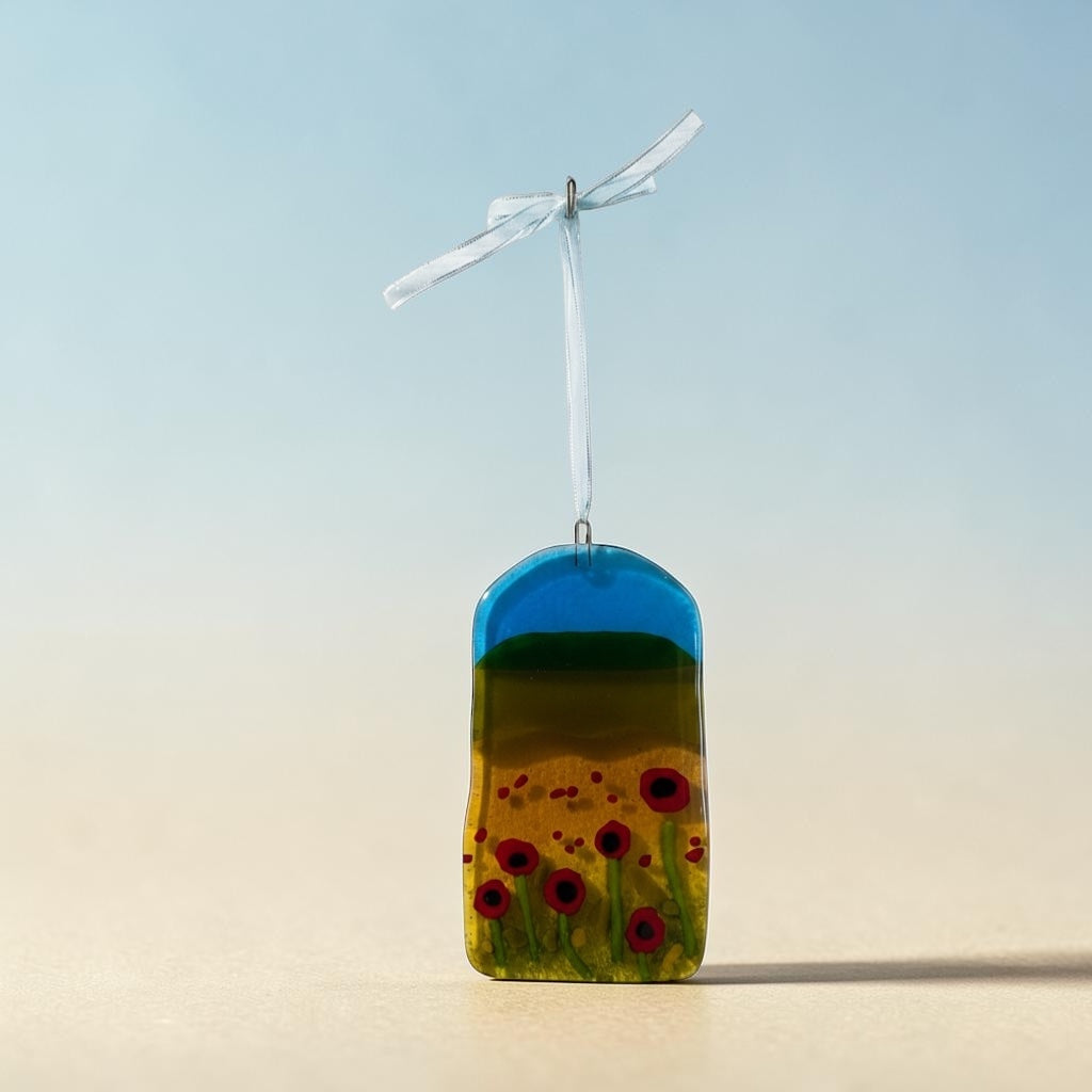 Homemade Fused Glass Panel with a Field of Wild Poppies