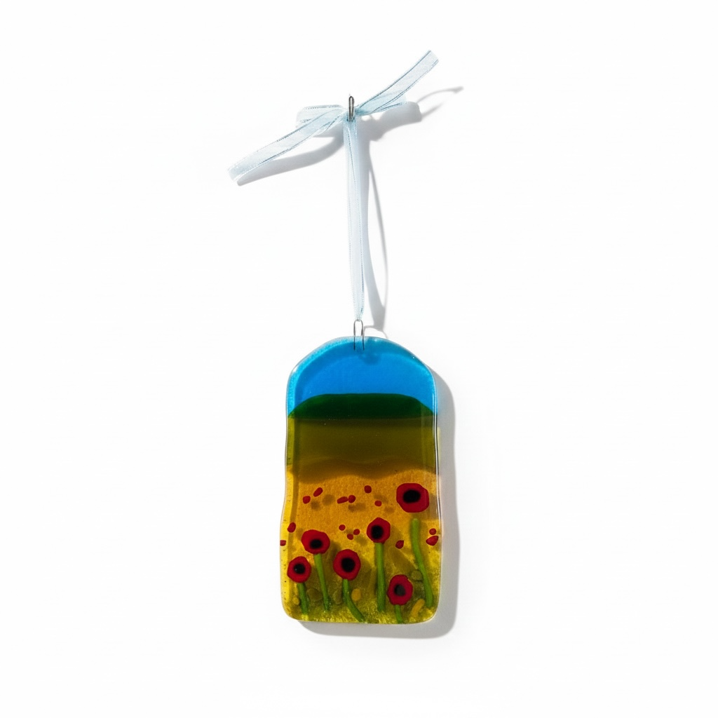 Homemade Fused Glass Panel with a Field of Wild Poppies