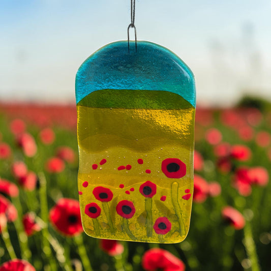 Homemade Fused Glass Panel with a Field of Wild Poppies