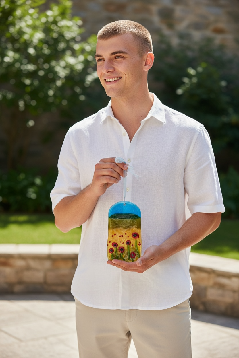 Homemade Fused Glass Panel with a Field of Wild Poppies