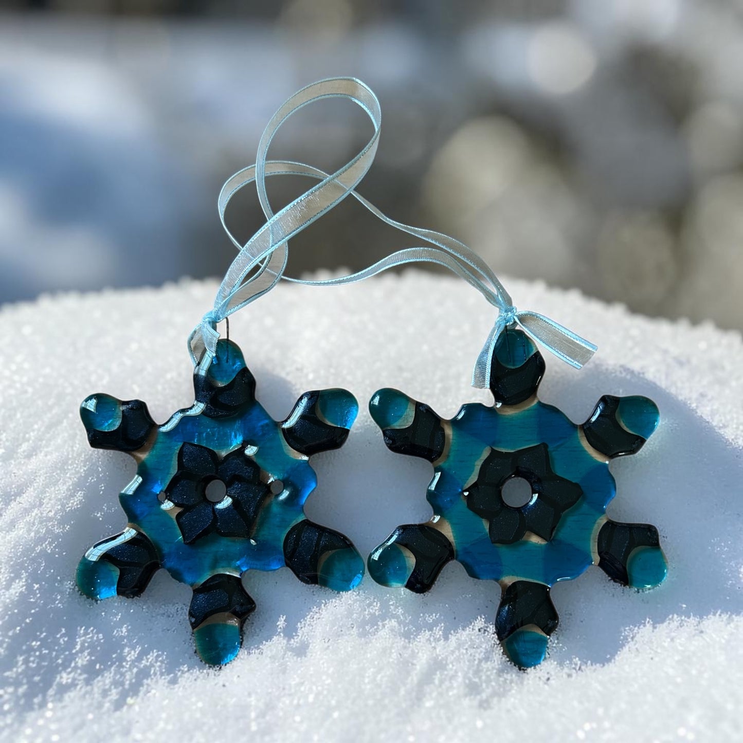 Homemade Fused Glass Blue Snowflake Christmas Ornament