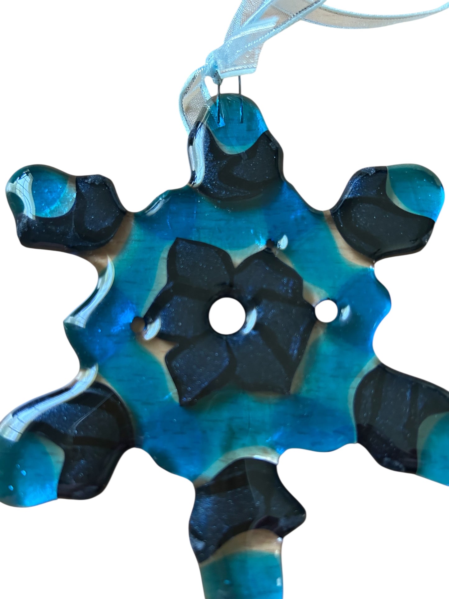 Homemade Fused Glass Blue Snowflake Christmas Ornament