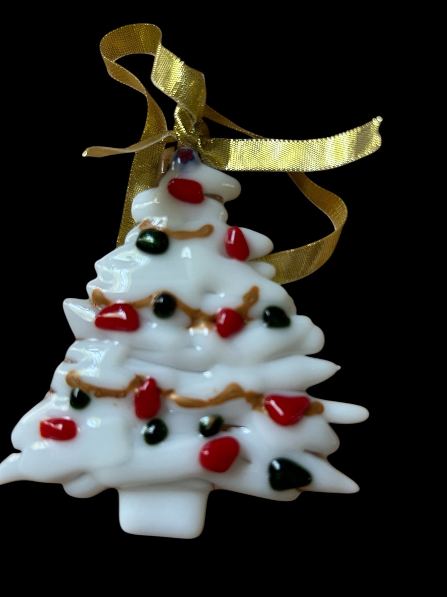 Homemade Fused Glass White Christmas Tree Ornament with Red and Green Glass Lights