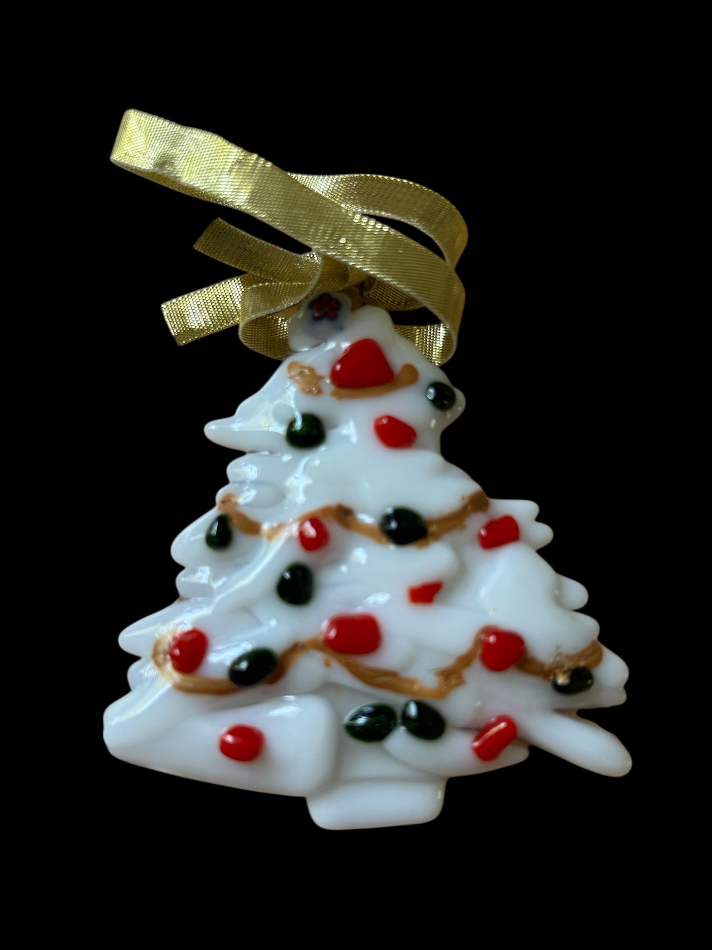 Homemade Fused Glass White Christmas Tree Ornament with Red and Green Glass Lights