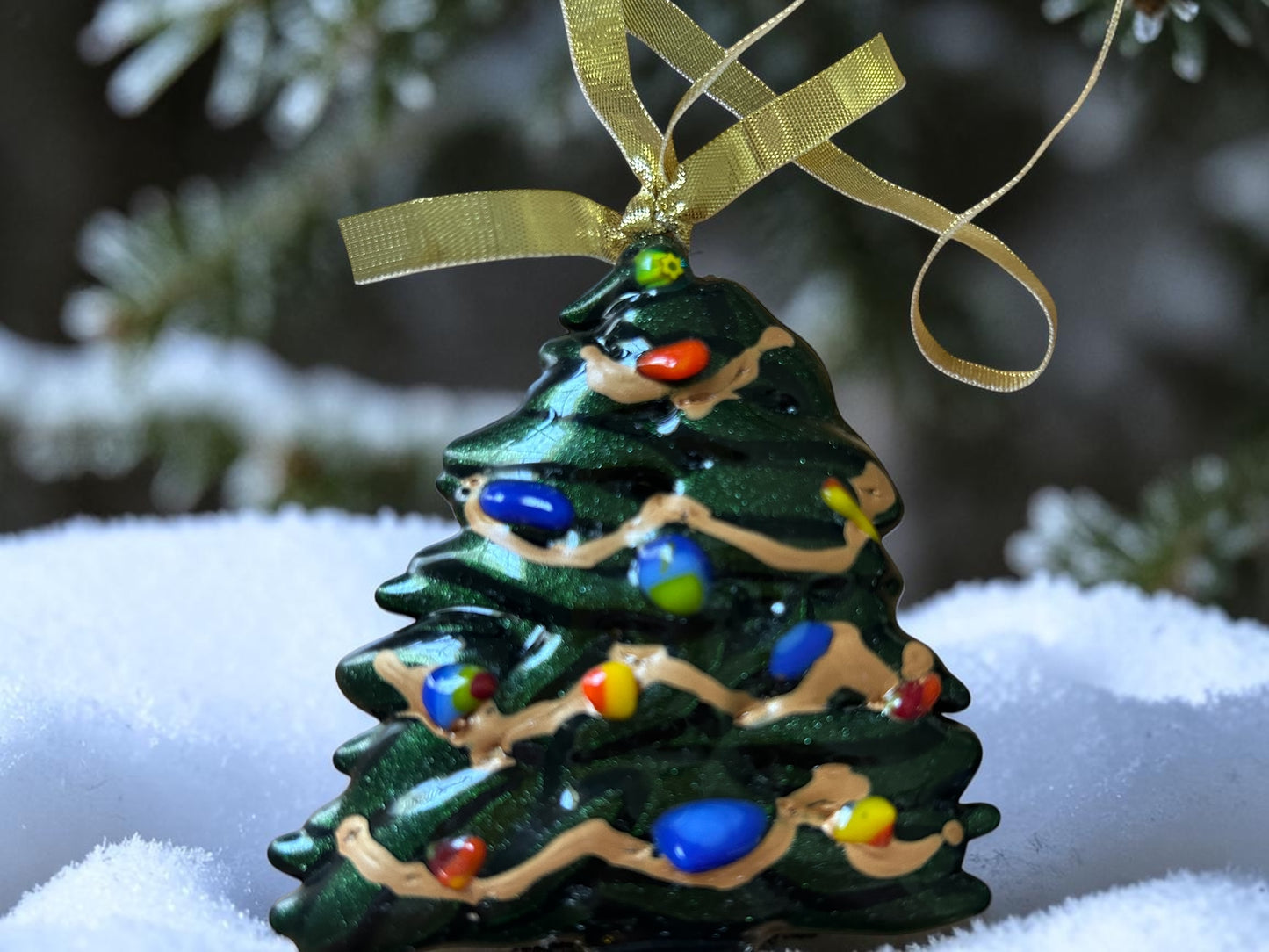 Fused Glass Green Christmas Tree Ornament with Rainbow Glass Lights