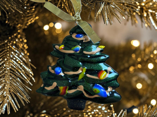 Fused Glass Green Christmas Tree Ornament with Rainbow Glass Lights