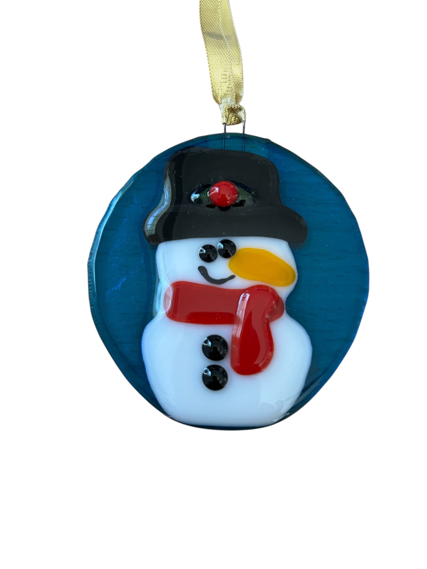 Homemade Fused Glass Snowman Ornament on Blue Background