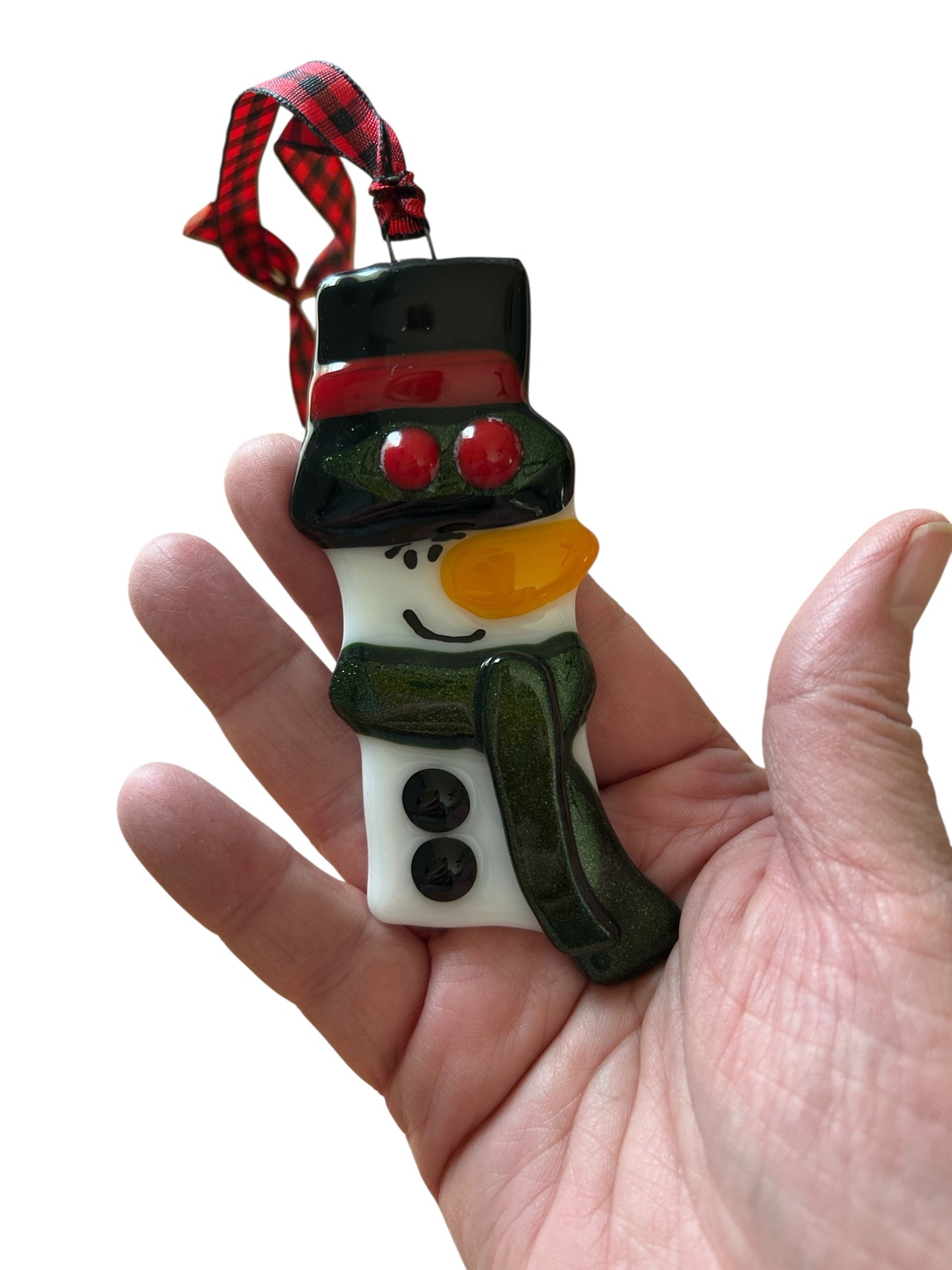 Homemade Fused Glass Snowman Christmas Ornament with a Top Hat